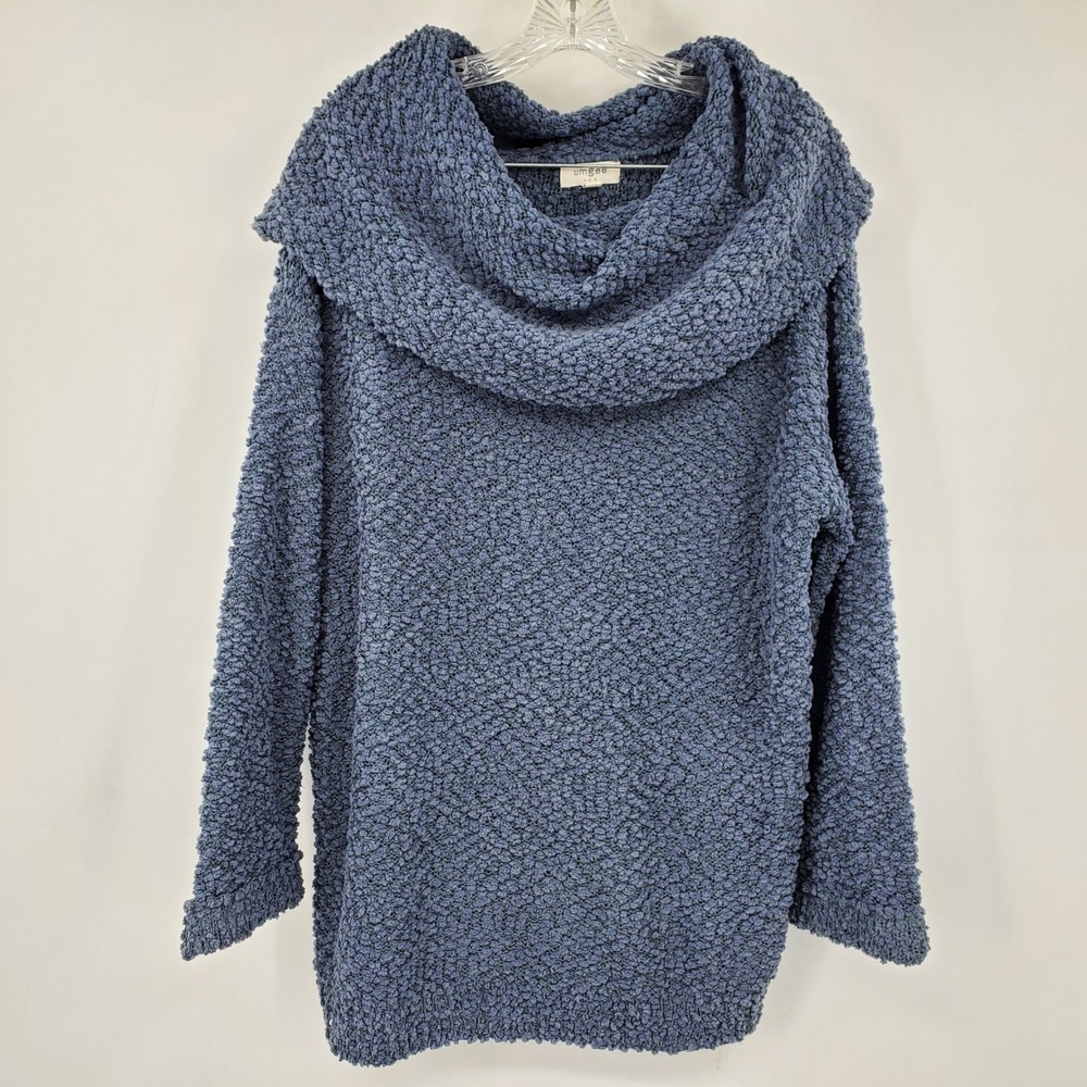 Umgee Womens Popcorn Knit Cowl Neck Sweater Dusty Blue Oversized Medium Boho